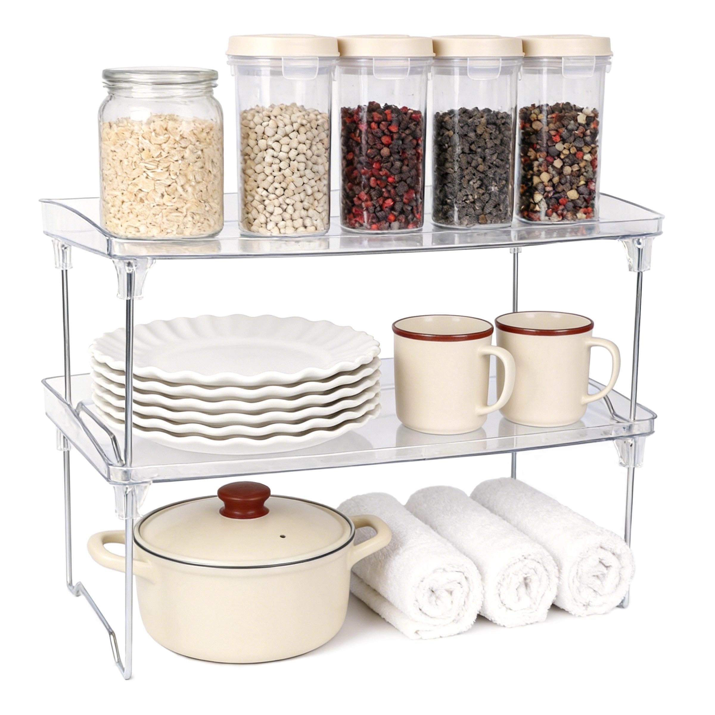 LUKDNEEY Kitchen Shelf Organiser, Spice Rack for Inside Cupboard, Stackable Clear Plastic Organiser Shelving for Makeup, Bathroom, Cupboard, Perfume organisation