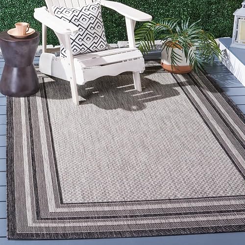 SAFAVIEH Washable Rug Outdoor Courtyard Collection - 4' x 5'7', Light Grey & Black, Non-Shedding & Easy Cleaning, Ideal