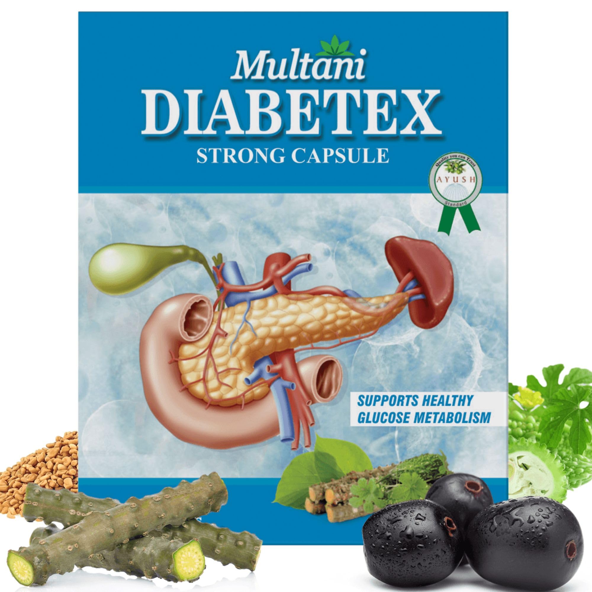 Multani Diabetex Strong Capsule | Useful In Diabetes & Blood Sugar Control | Enriched with Jamun, Giloy, Amla & Other Ayurvedic Products | Ayurvedic Sugar Management Medicine | Pack of 30 Capsules