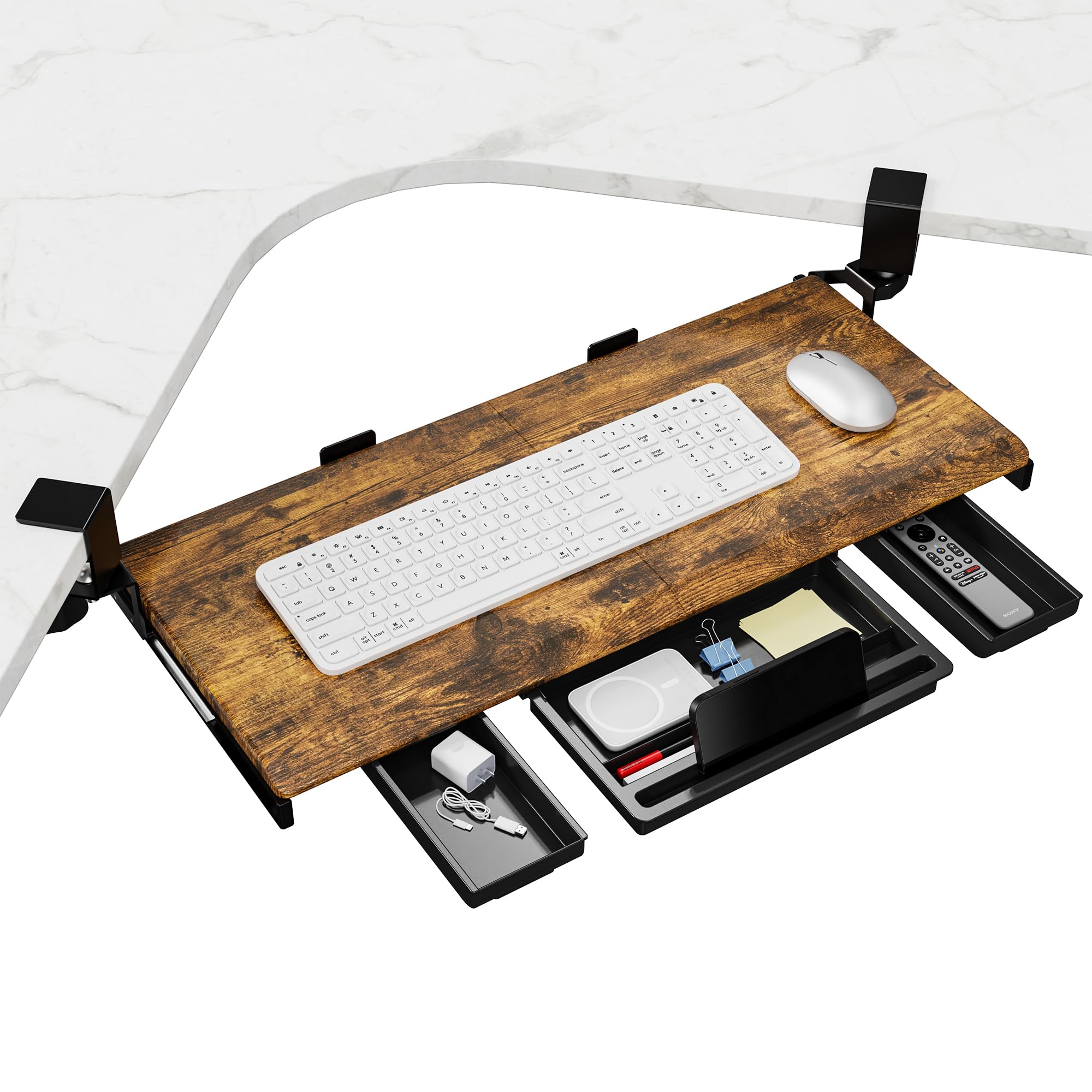 ETHU Keyboard Tray Under Desk, Ergonomic Corner Keyboard Tray with 180° Adjustable C Clamp for L Shape Desk 26.77" X 12.2" Easy to Install, Computer