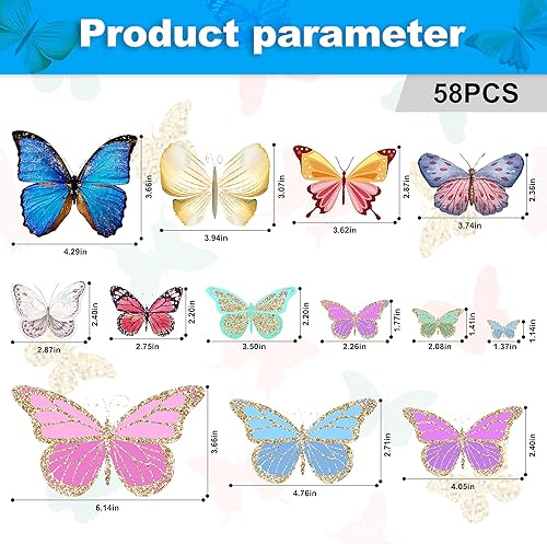 Miniatura 3 de Calcomanías para decoración de pared con mariposas brillantes, 58 unidades, calcomanías luminosas de pared de mariposas, arte de pared colorido,