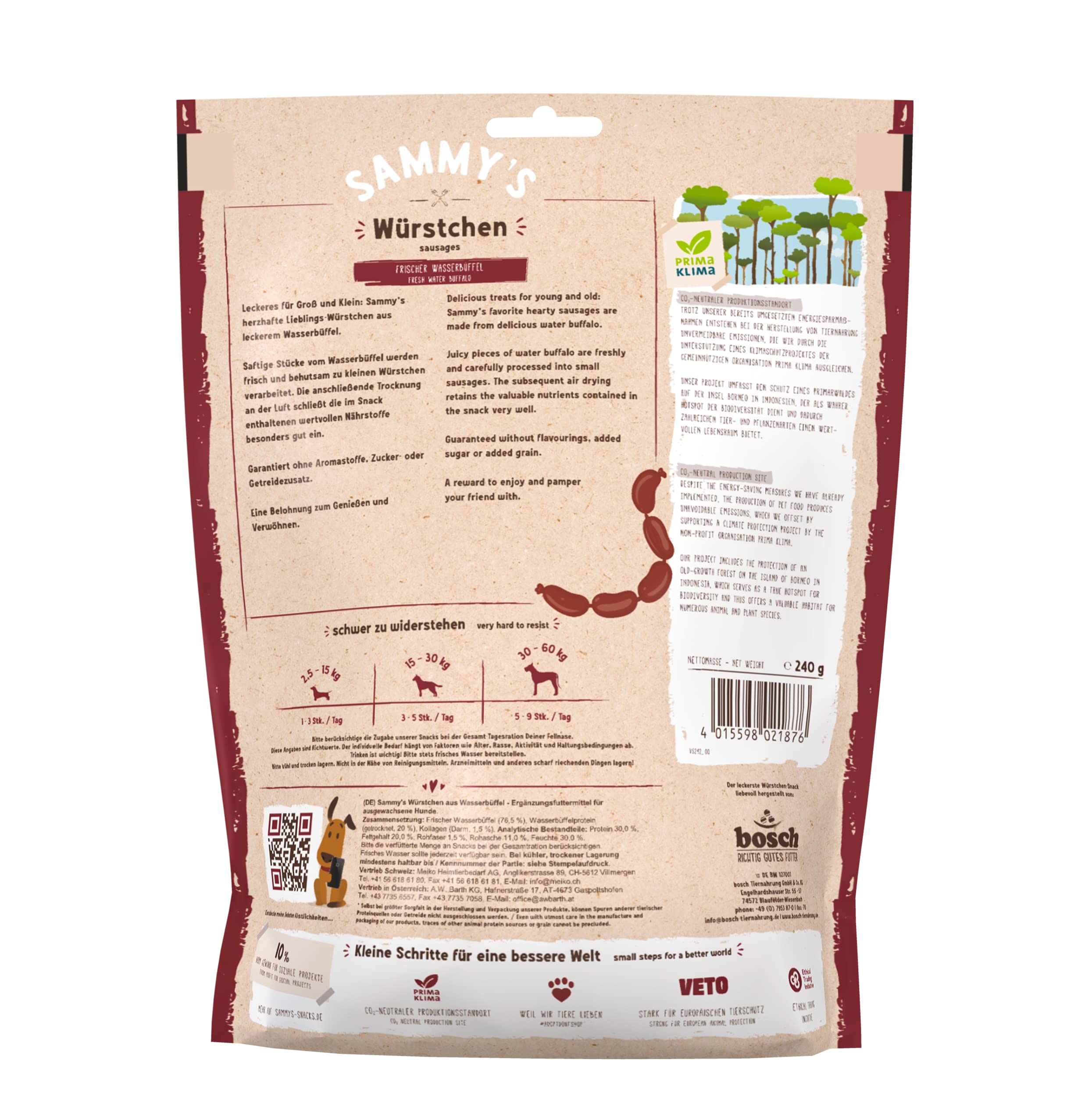 Sammy's Salchichas, búfalo de Agua, Snack jugoso para Perros con Mucha Carne Fresca, 6 x 240 g