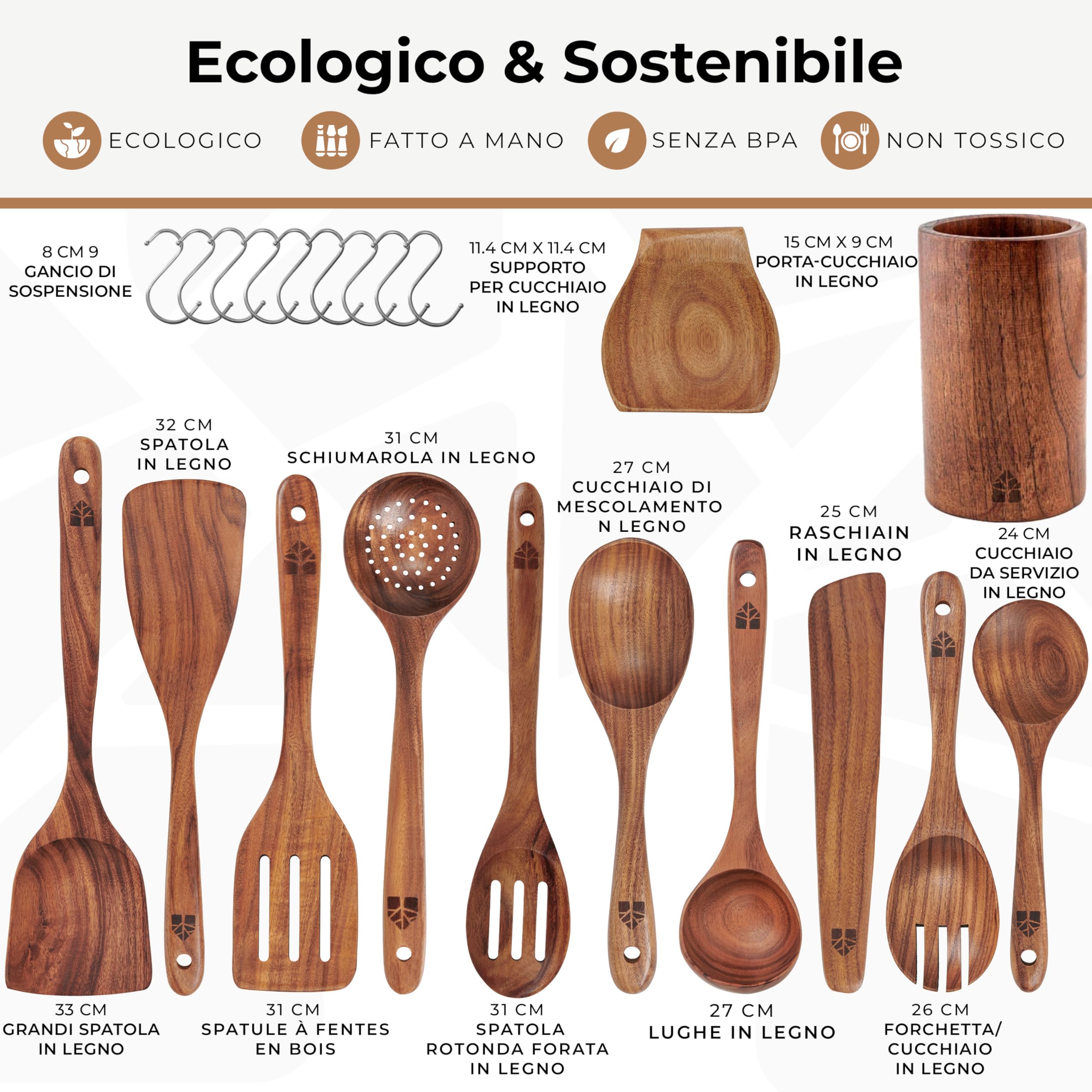 Woodenhouse - Set di 12 Pezzi di Utensili da Cucina in Legno di Teak con Supporto, Porta Cucchiaio e Ganci Nonstick