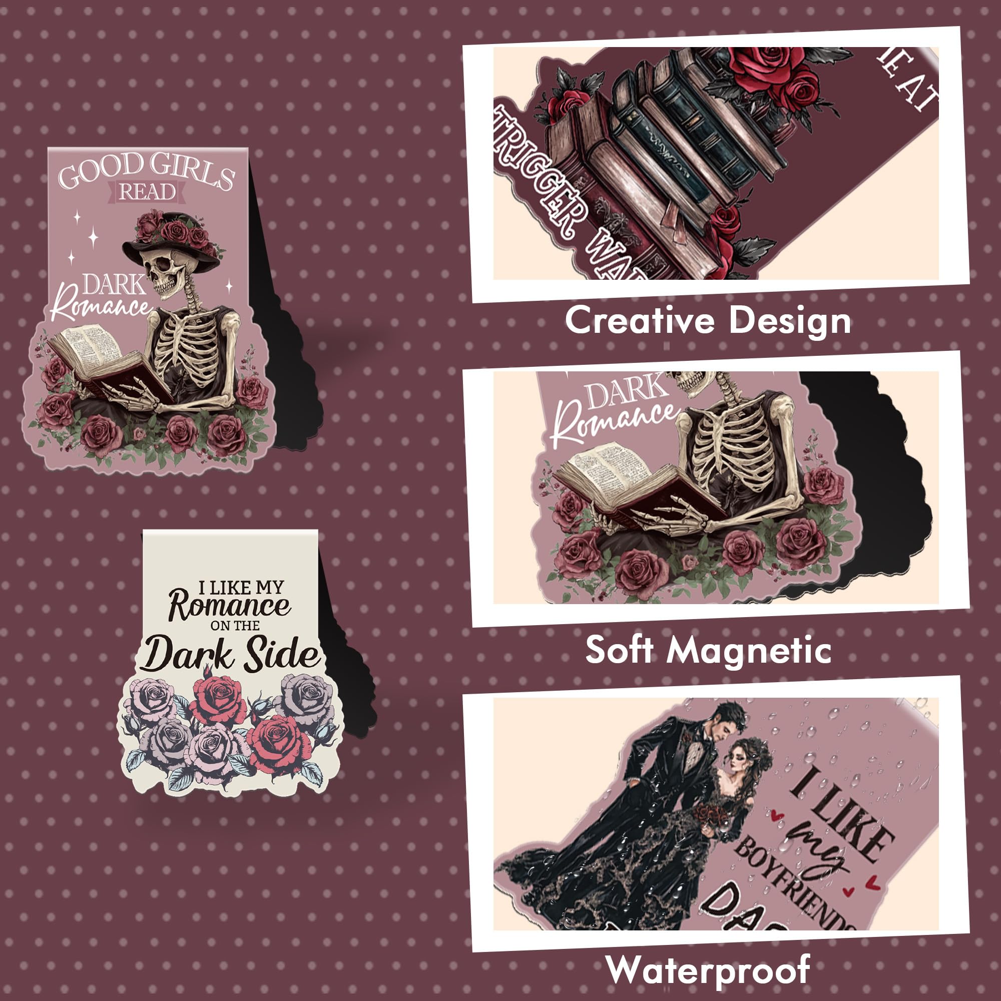 Dark Romance Magnetic Bookmarks: 8 Pcs Gothic Skull Book Marks, Dark Romance Merch, Romantasy Page Markers - Image 4