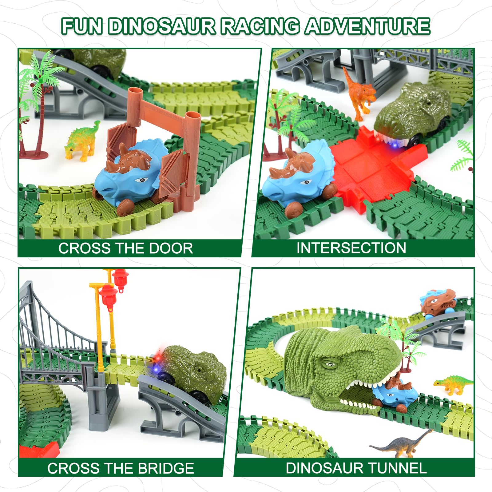 Dinosaur Track Toys for Kids - Best Birthday Gifts for 3 4 5 6 7 Year Old Boys, Flexible Race Car Track Set with Light & Sound, Create a Dino World Adventure