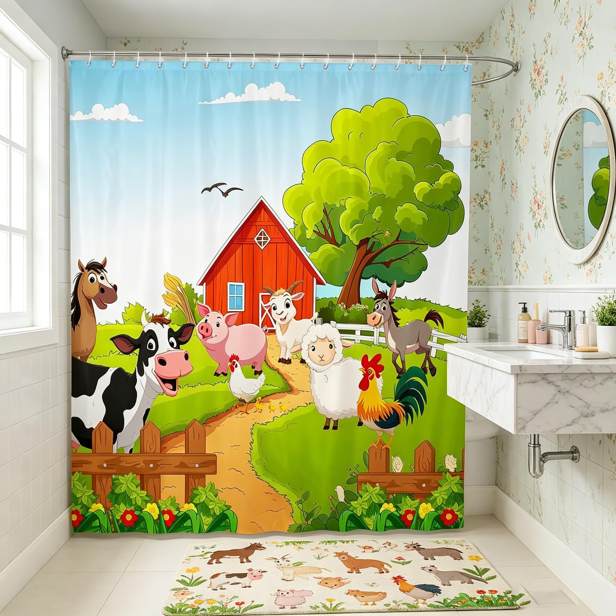 Rideaux de douche imperméables animaux de la ferme Manfei motif dessin animé poulet âne
