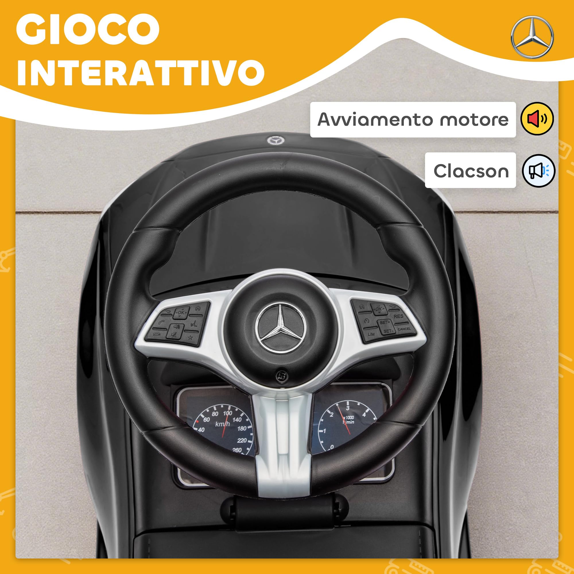 AIYAPLAY Macchina Primi Passi per Bambini Licenza Mercedes Benz con Clacson e Spazio Portaoggetti, Auto per Bambini in PP e Acciaio, 65x28x39 cm, Nero