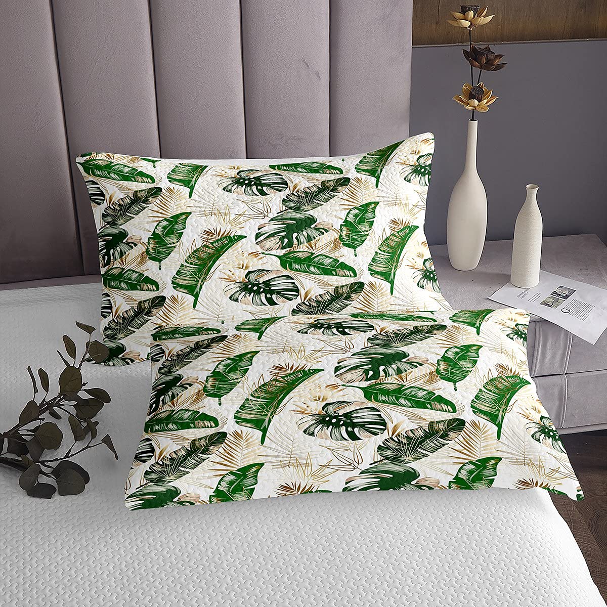 Colcha de hojas de palma, diseño de hojas de plátano de lujo, diseño de hojas de bambú tropical, juego de colcha de 3 piezas con 2 fundas de almohada, tamaño doble