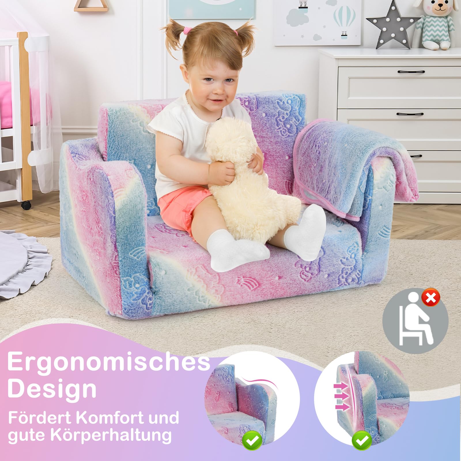 DREAMADE 2-in-1 Kindersofa, Klappbares Spielsofa aus Flanellstoff mit Decke & leuchtenden Mustern, Leuchtsofa Kindercouch Kindersessel Kindermöbel für Kinder ab 3 Jahren (Bunt)
