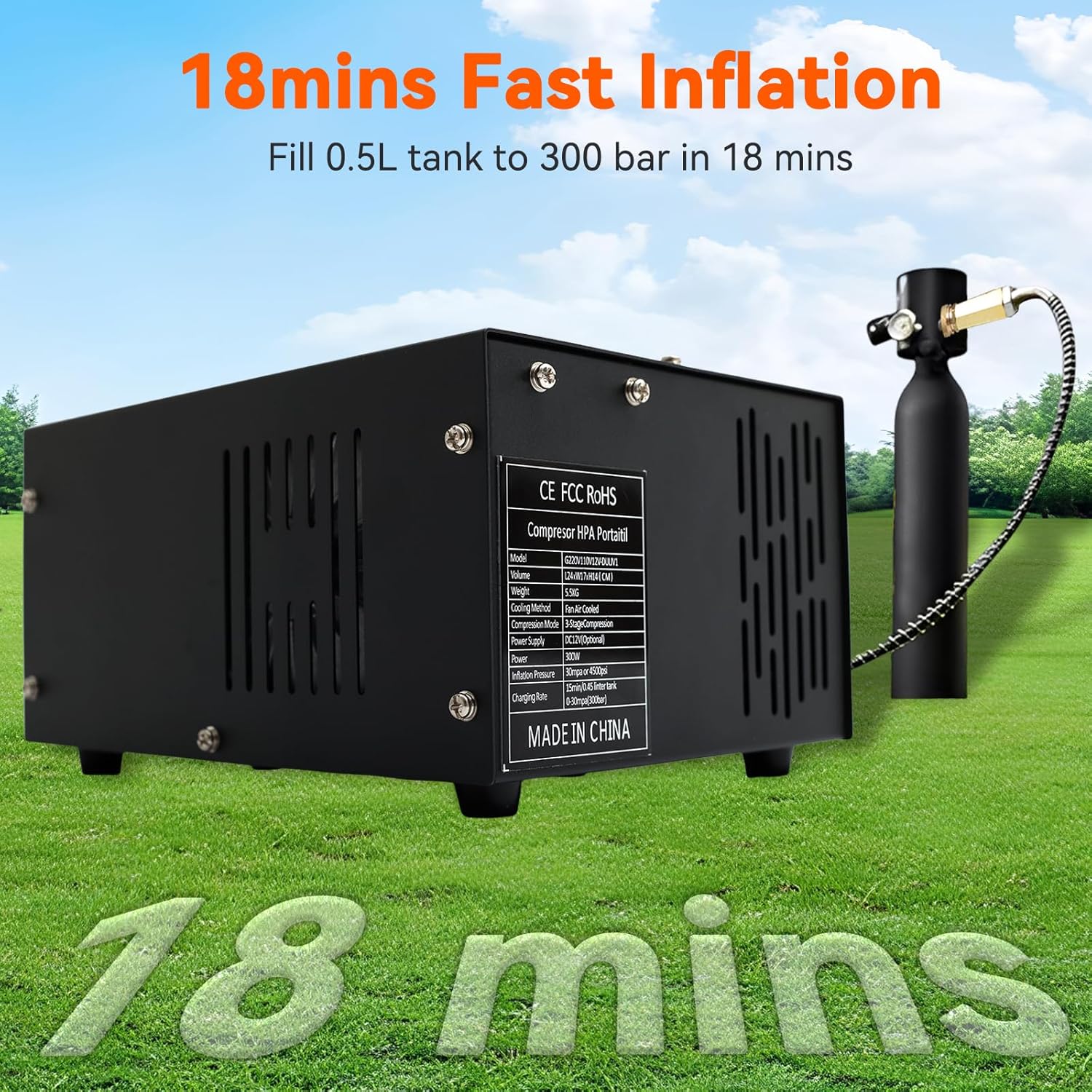 PCP Air Compressor,Max 4500PSI/300Bar, Portable High-Pressure Air Pump with Fan Cooling, 12V DC/120V AC Dual Power, for PCP Air Rifle, Paintball Tanks and Scuba Diving - Image 2