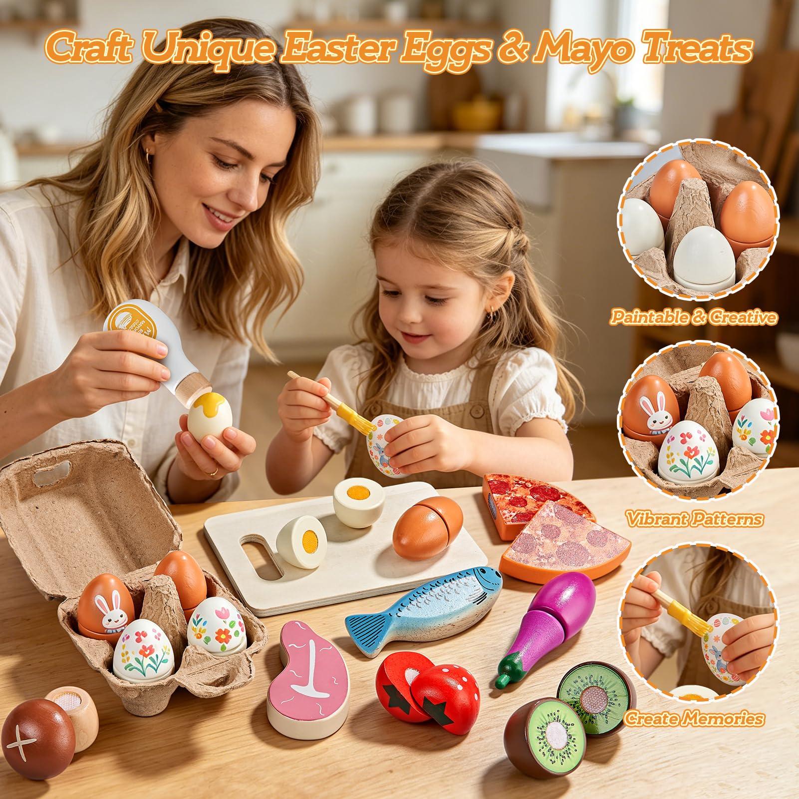 LAUGIGLE Wooden Play Food Set for Kids Kitchen, Montessori Toy Food Play Toy Food Food Play Accessories Cutting Fake Food Tote Bag, prezent urodzinowy