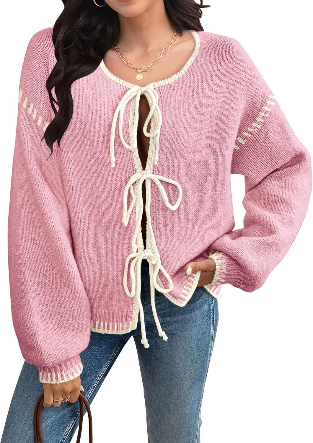 Women's Cardigan Sweaters Bow Button Down Cardigans Fall Fashion Clothes Knit Tie Open Front Coats