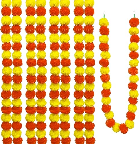 10 guirnaldas artificiales de caléndula para decoración de 5 pies de largo, decoración india de Diawli amarillo dorado para el hogar, celebraciones