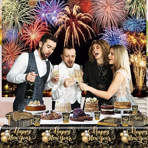 Miniatura 5 de Juego de vajilla para fiesta de Año Nuevo 2024 de oro negro para 10 invitados, incluyendo mantel, servilleta, cuchillo, tenedor, cuchara, plato de