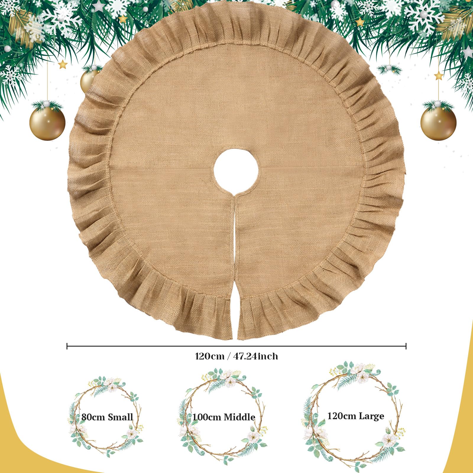 Sinmoe Christmas Tree Skirt Linen Burlap Tree Skirt for Christmas Tree Decorations Ruffled Trim for Party Winter Fall Decor Kitchen Home Farmhouse Craft Holiday Decorations (47 Inch) - Image 2
