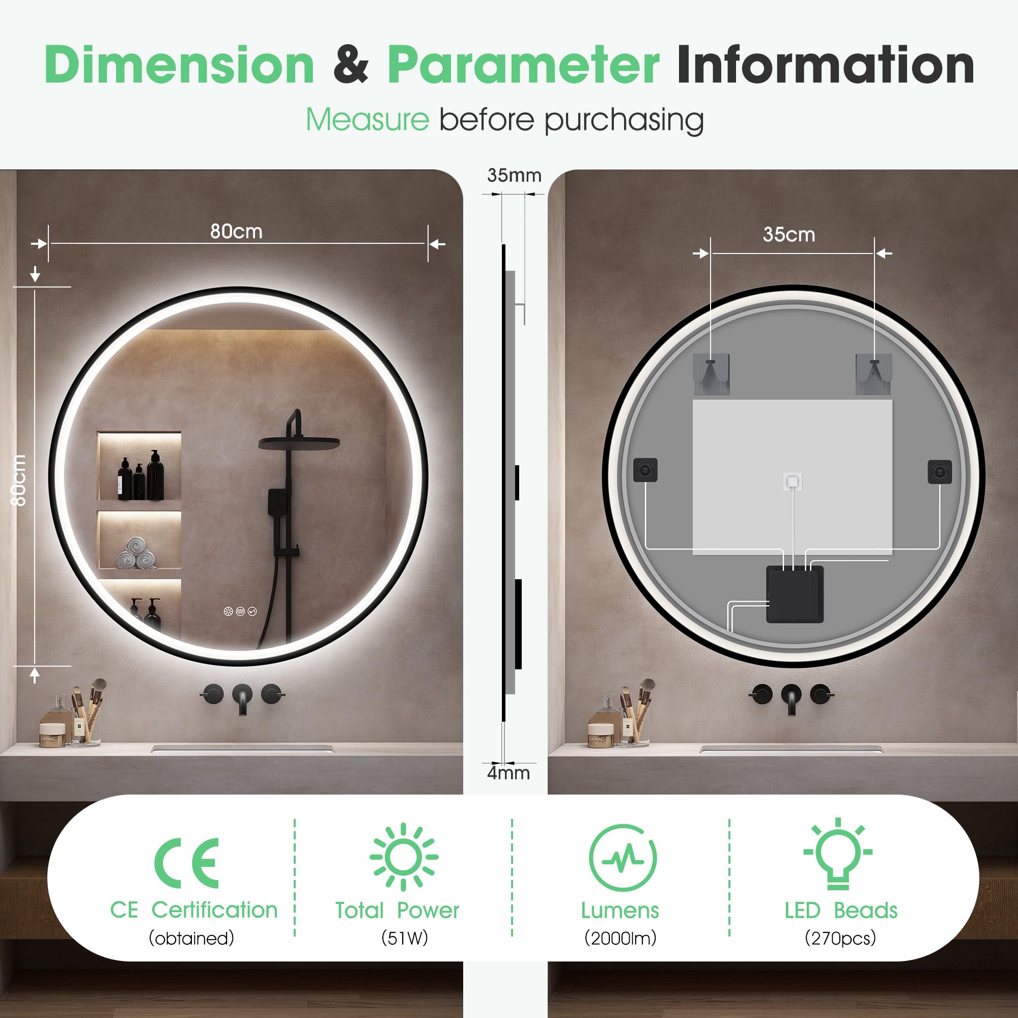 S'bagno Redondo-Espejo-Baño-con-Luz 80CM, Espejo-Baño-LED-con-Bluetooth, Antivaho, 3 Colores de Luces, Regulable, Memoria Luz, IP44, Vidrio Templado, Marco Hierro Negro