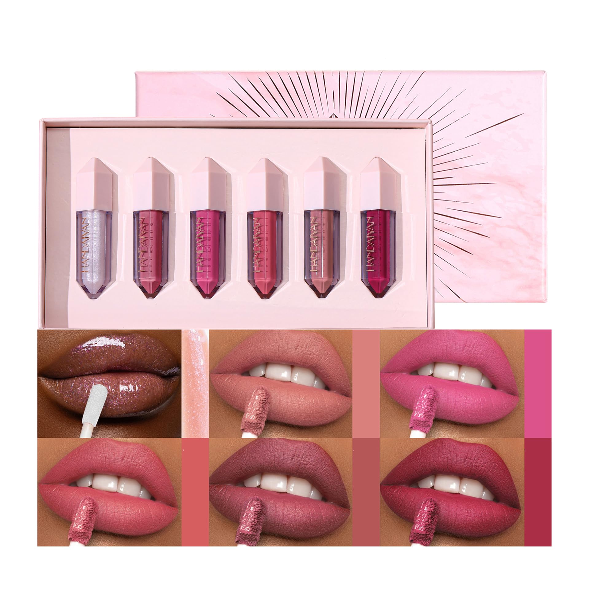 BANGFENG 6PCS Diamond Lip Gloss Set, Matte & Pearlescent Finish, Long-Lasting Hydrating Lipstick, Non-Sticky, High-Pigment Formula for All-Day Wear,