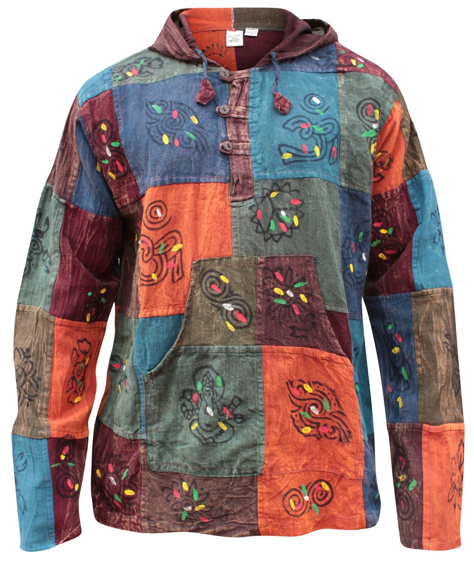 SHOPOHOLIC FASHION FASHION Hooded Stonewash Patchwork Blocked Grandad Hippie Shirt, L, Multicoloured