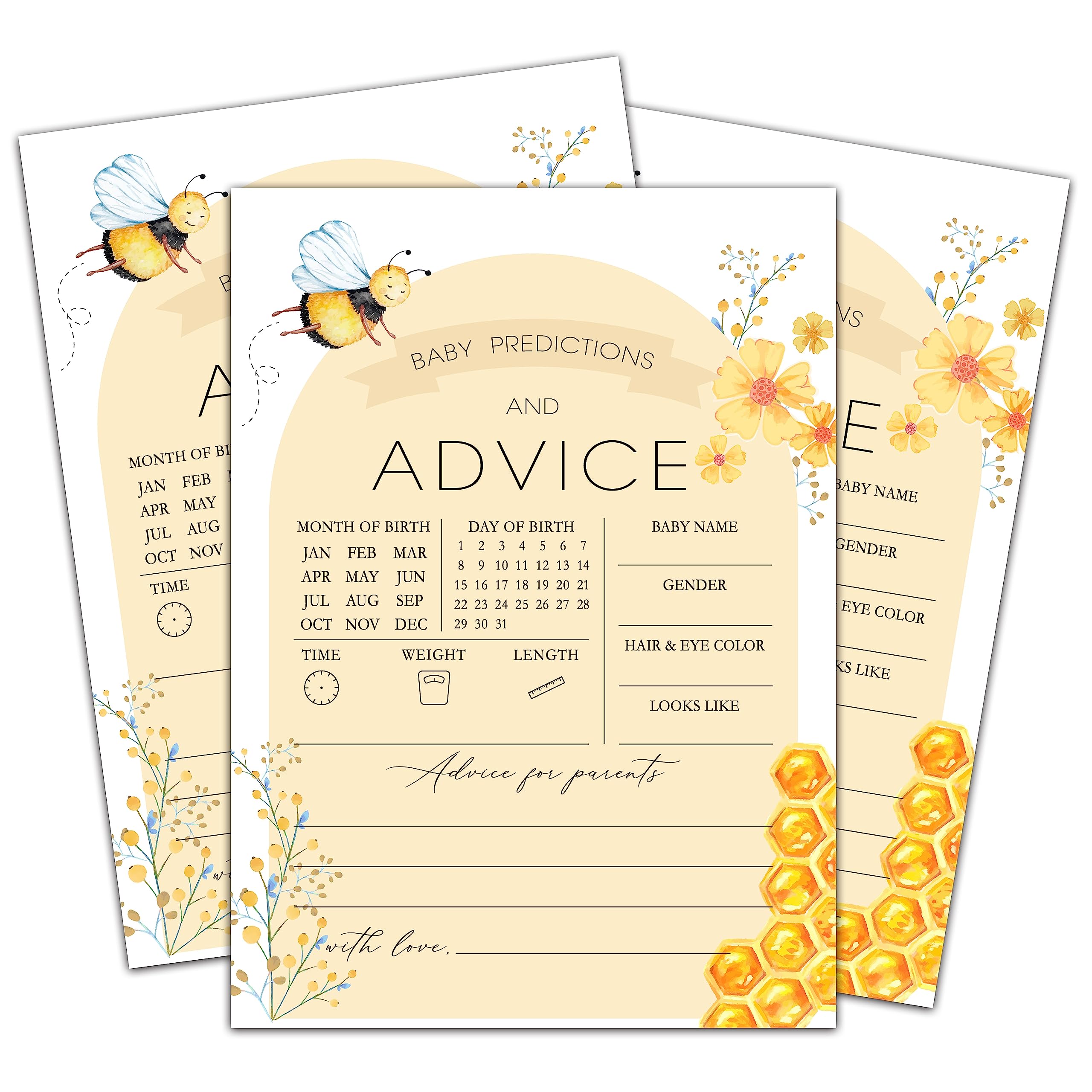 Bee Baby Shower Games for Boys Girls, Bumble Bee Baby Predictions and Advice for Baby Shower, Honeycomb Baby Shower/Gender Reveal Parties Decorations, 5" x 7" Double-sided Cards(30 Games)-D01