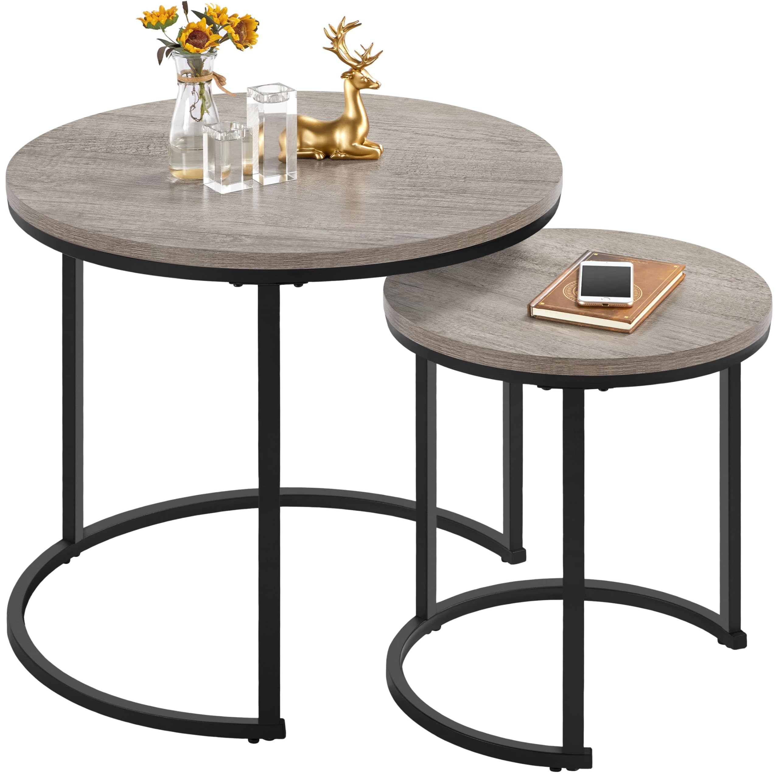 Yaheetech Round Nesting Coffee Table Set of 2, Stacking End Side Table with Metal Frame, Sofa Tea Table for Small Space/Living Room/Bedroom, Grey, 60 x 60 x 50.5cm โ image 1