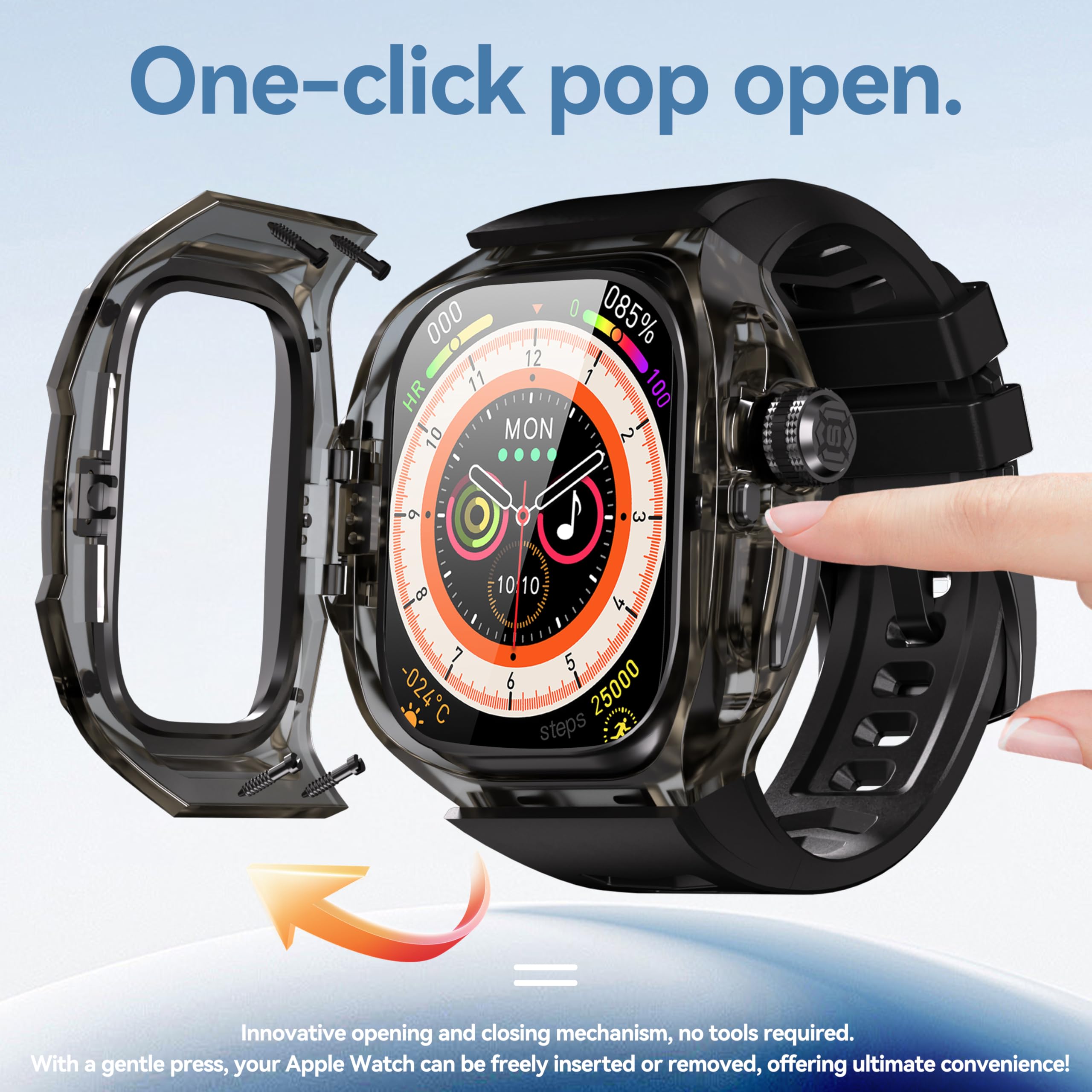 Przezroczyste, designerskie wytrzymałe etui z paskiem kompatybilne z Apple Watch Ultra 3/Ultra2 49 mm, krystalicznie czysta wojskowa osłona ochronna, zderzak taktyczny pasek iWatch Ultra