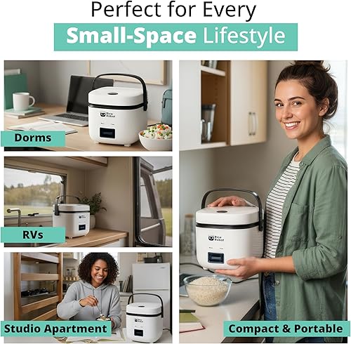 Miniatura 3 de Rice Robot - Arrocera personal, sin PFAS, antiadherente. Capacidad de 1 cuarto, con bandeja de vapor de acero inoxidable, tazas medidoras, libro de