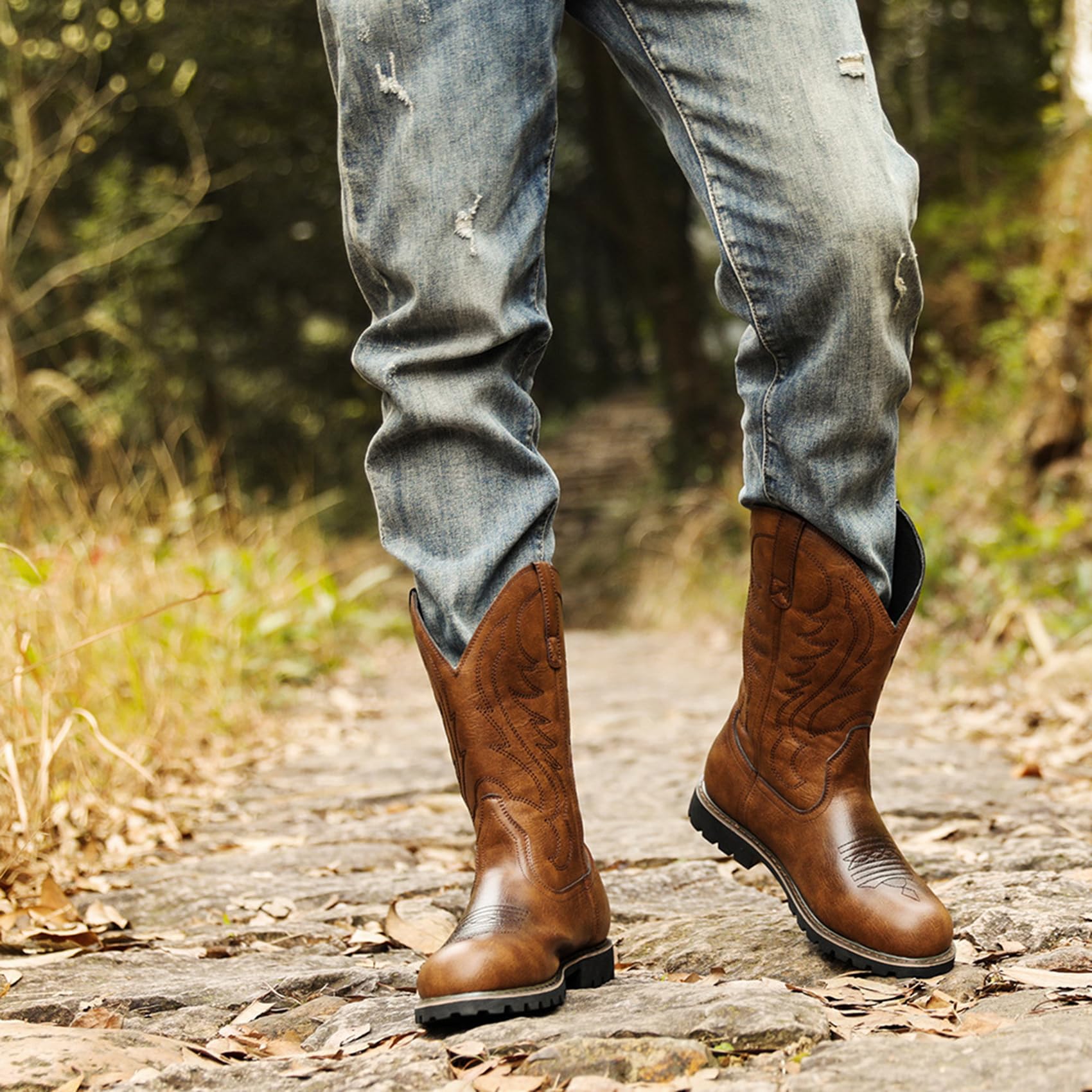 Stivali da Cowboy Western in Pelle con Punta Quadrata da Uomo Stivali da Lavoro Casual a metà Polpaccio Stivali Country Ricamati in Pelle Stivali Country Tradizionali Tradizionali
