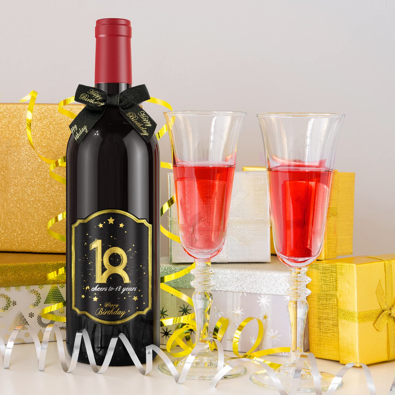 Giftota 2 Etichette per Bottiglie di Compleanno e Fiocchi Regalo – Etichette per Vino Personalizzate, autoadesive per Spumante e Vino Spumante, Decorazione per 18 Compleanno, Regalo di Compleanno per