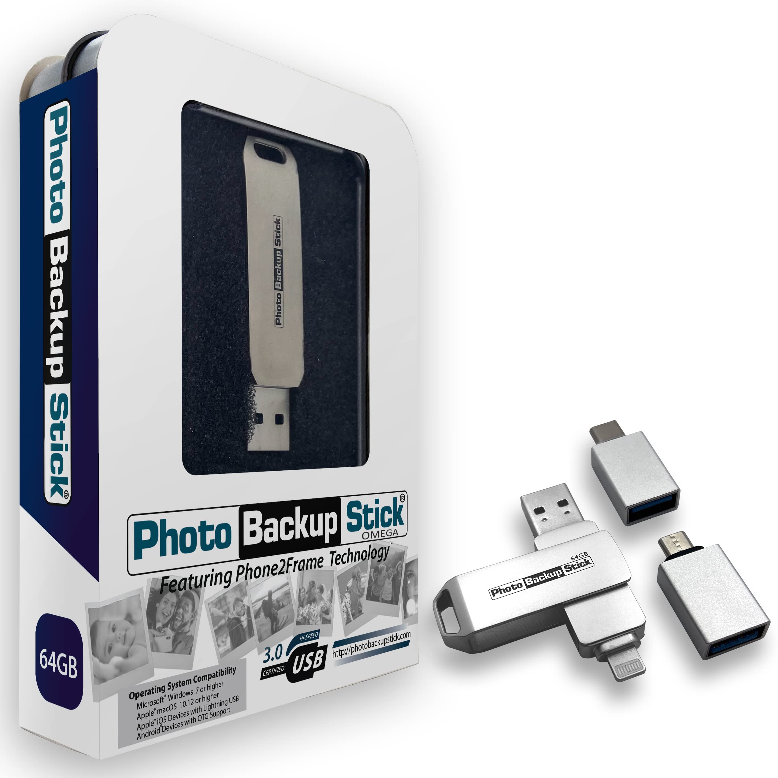 Photo Backup Stick Omega - USB 3.0 Universal Picture Back Up for Phones, Computers, Tablets, & More (64GB, Blue)