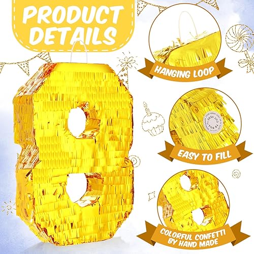 Miniatura 7 de Piñata de número de lámina dorada de 16 x 11 x 3 pulgadas, piñata pequeña con palo de 15.7 pulgadas, confeti dorado para niños, niñas, decoraciones