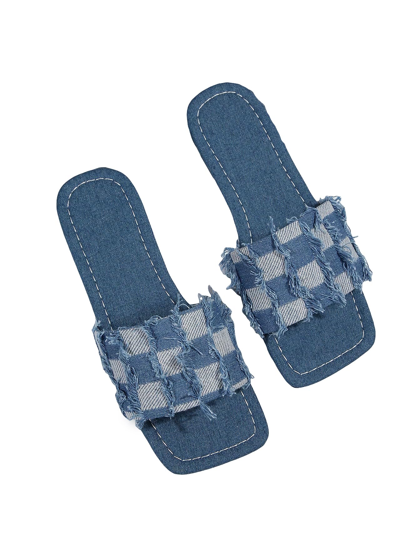 GORGLITTER Women's Denim Square Toe Flat Sandals Raw Trim Jean Sandals Fashion Pattern Slide Sandals