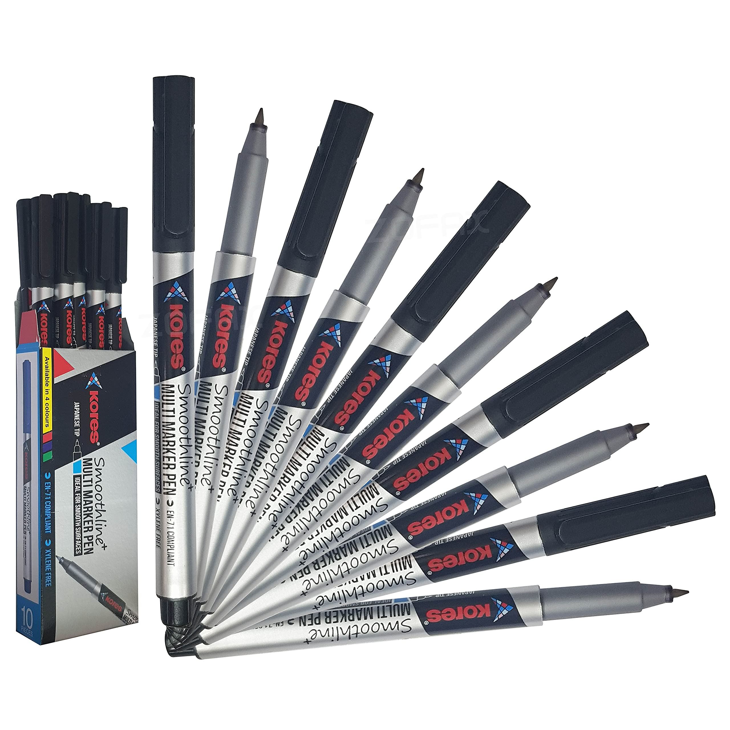 Kores Smoothline+ Permanent Marker Pens, BLACK, Fine Tip, Pack of 10, Write-4-All, Smooth Surface Markers, Waterproof Ink - Image 2