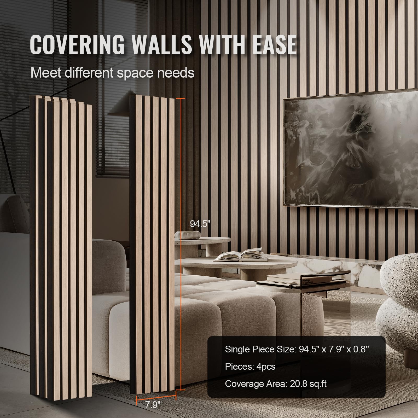 VEVOR Paneles Acústicos 240x20 cm - Paneles de Pared Decorativos MDF y Sintéticos para Reducción de Ruido - Madera Plateada, 4 Piezas