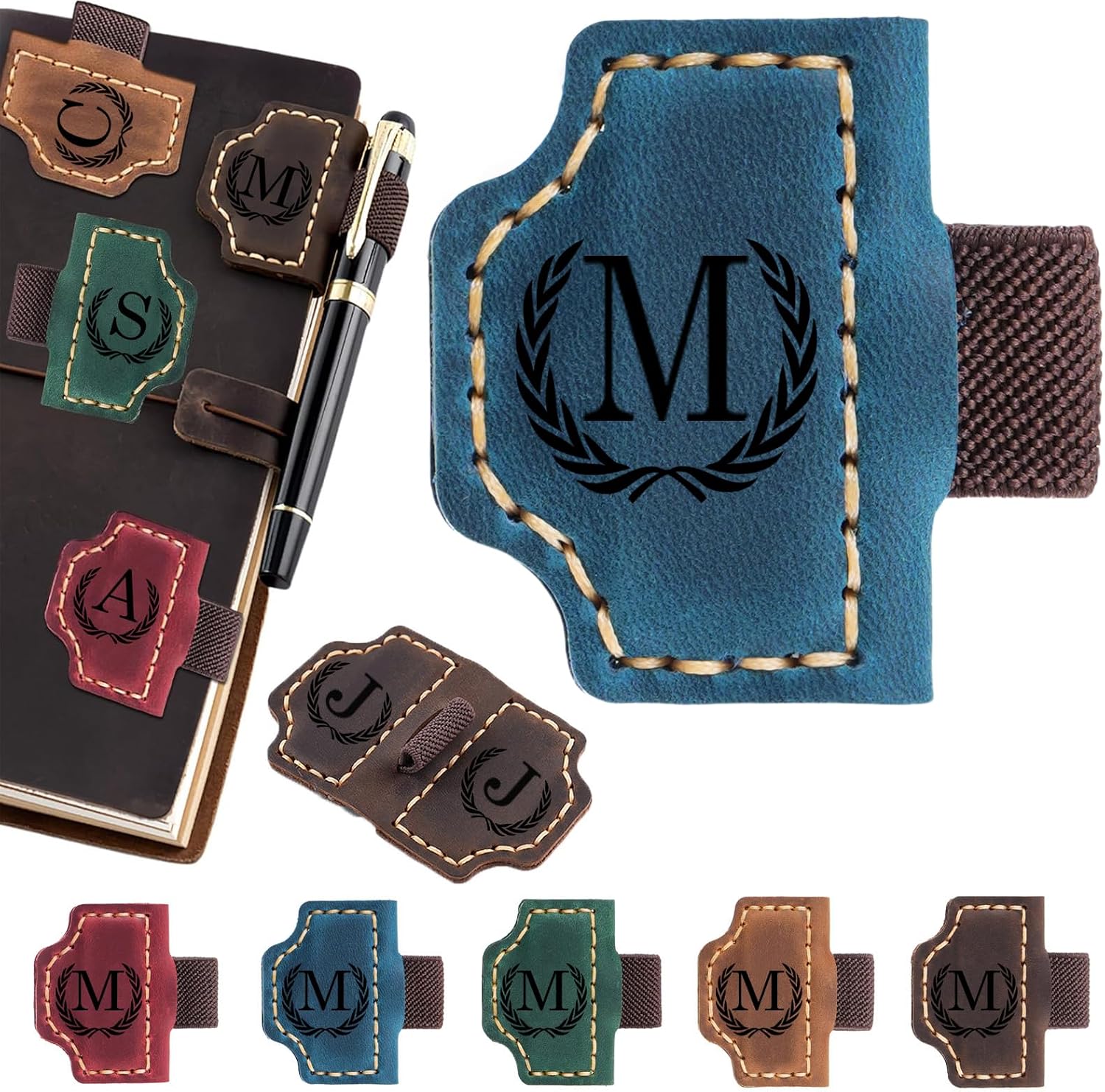 Artlaza Personalized Magnetic Leather Bookmark with Pen Holder - 26 Letters Custom Book Mark with Name Initial Engraved Book Marker for Readers, Book Lovers, Travelers - Gift for Women & Men(Blue，M