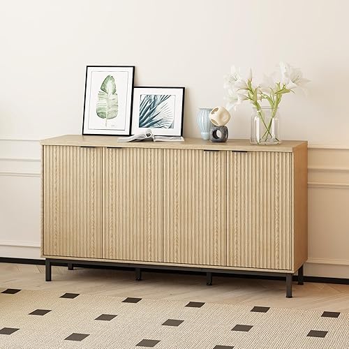 55” Fluted Sideboard Buffet Storage Cabinet with LED Lights, Modern Accent Cabinet, 4 Doors Kitchen Credenza for Living Room with Adjustable Shelf, Natural