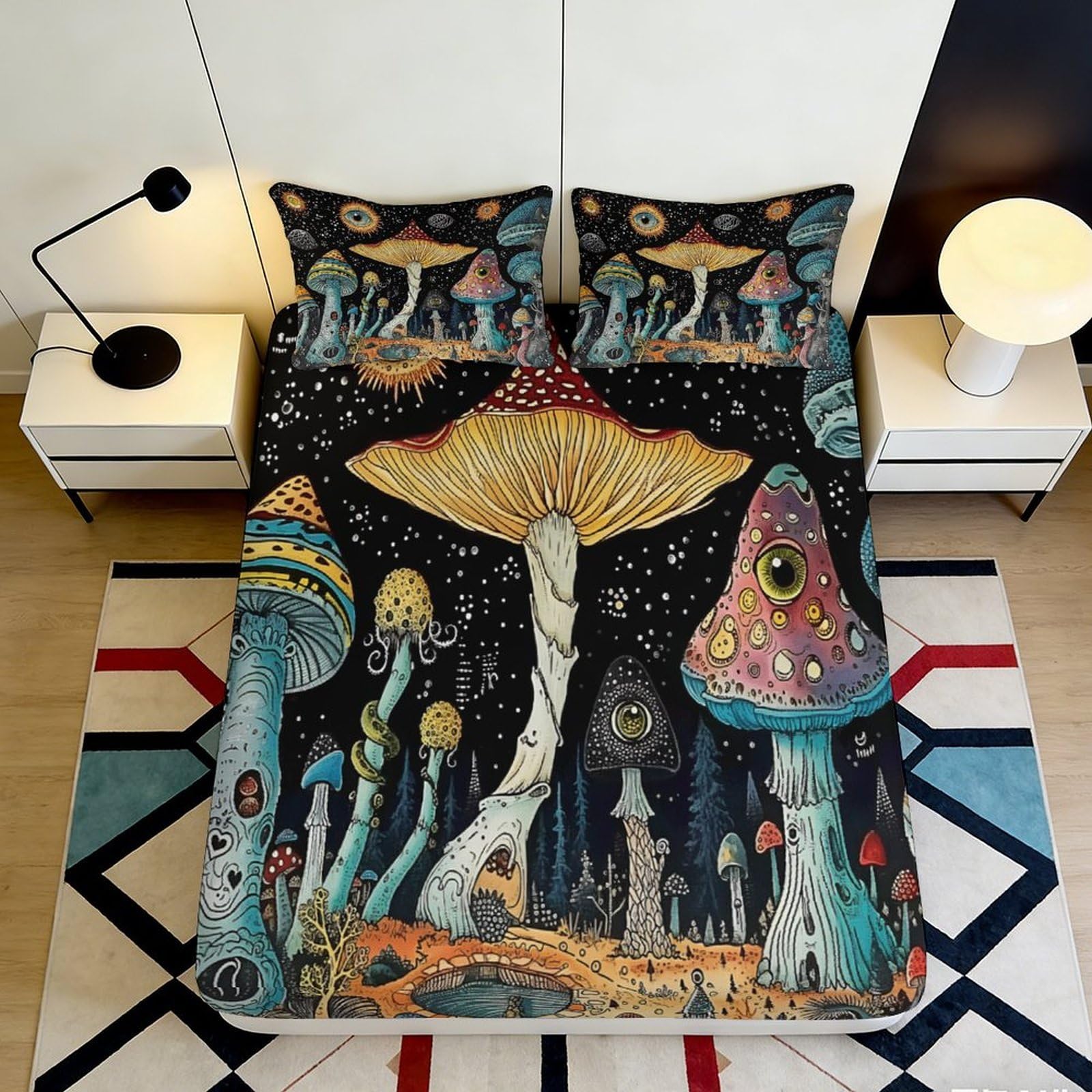 3D Printed Fantasy Mushroom Fitted Sheet Microfiber Soft Artistic Psychedelic Forest Mattress Cover Bedroom Decor 90x200x25cm