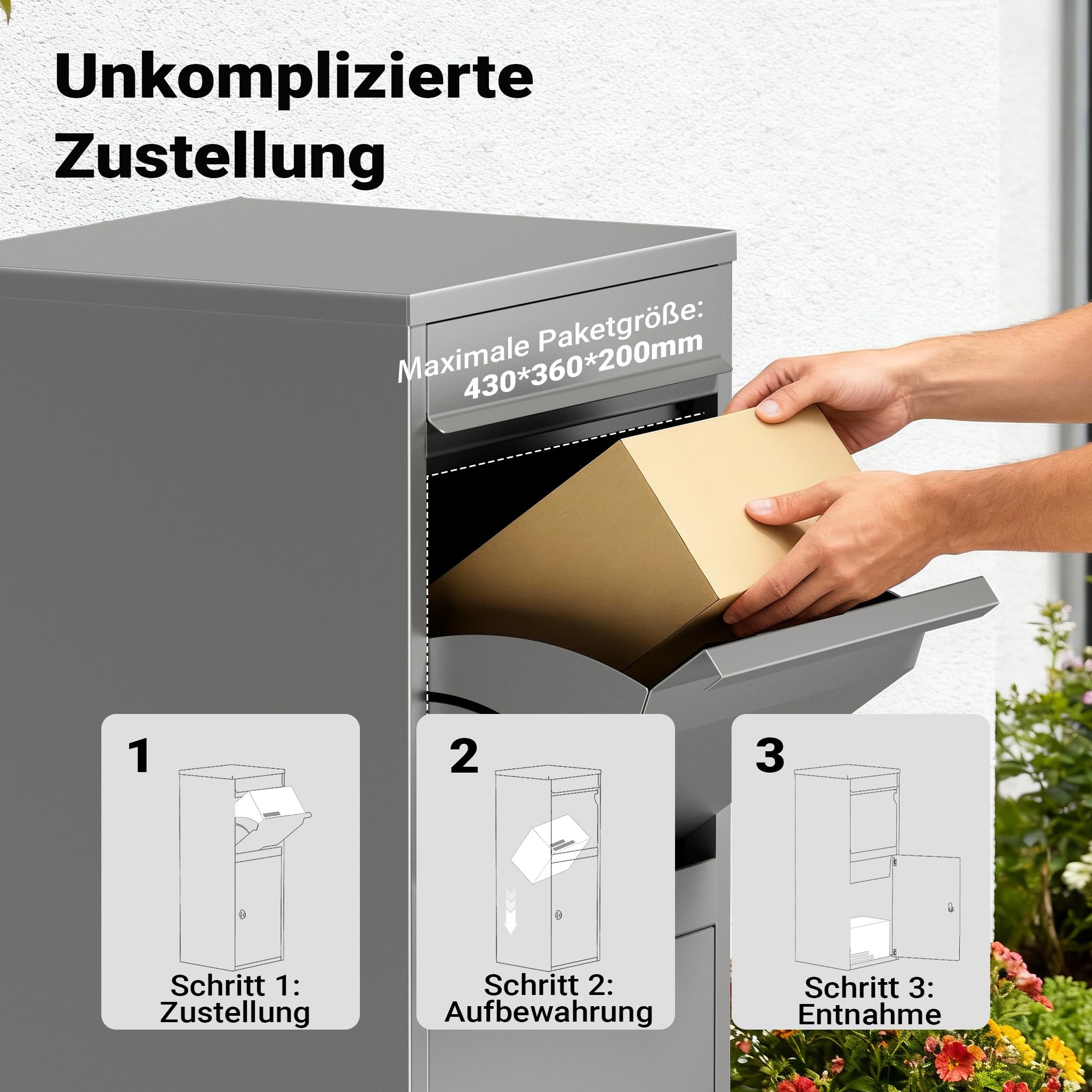 Wiltec Paketkasten grau 410 x 380 x 1020 mm Paketbox aus Stahl mit Pulverbeschichtung abschließbarer Standbriefkasten für Paketannahme zu Hause Zustellung von Paket, Post, Brief