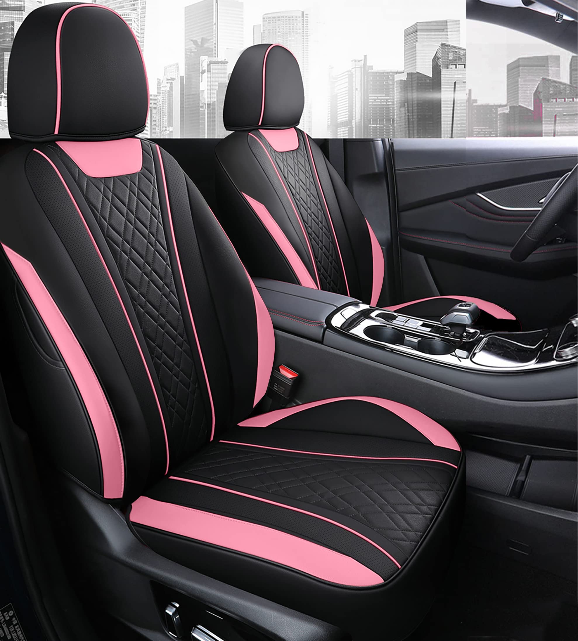 Car Seat Covers Full Set, Super Luxurious Heavy Duty Waterproof Leather Automotive Vehicle Cover for Cars SUV Pick-up Truck, Universal Non-Slip Seat Car Pink Accessories (Full Set/Pink Black)