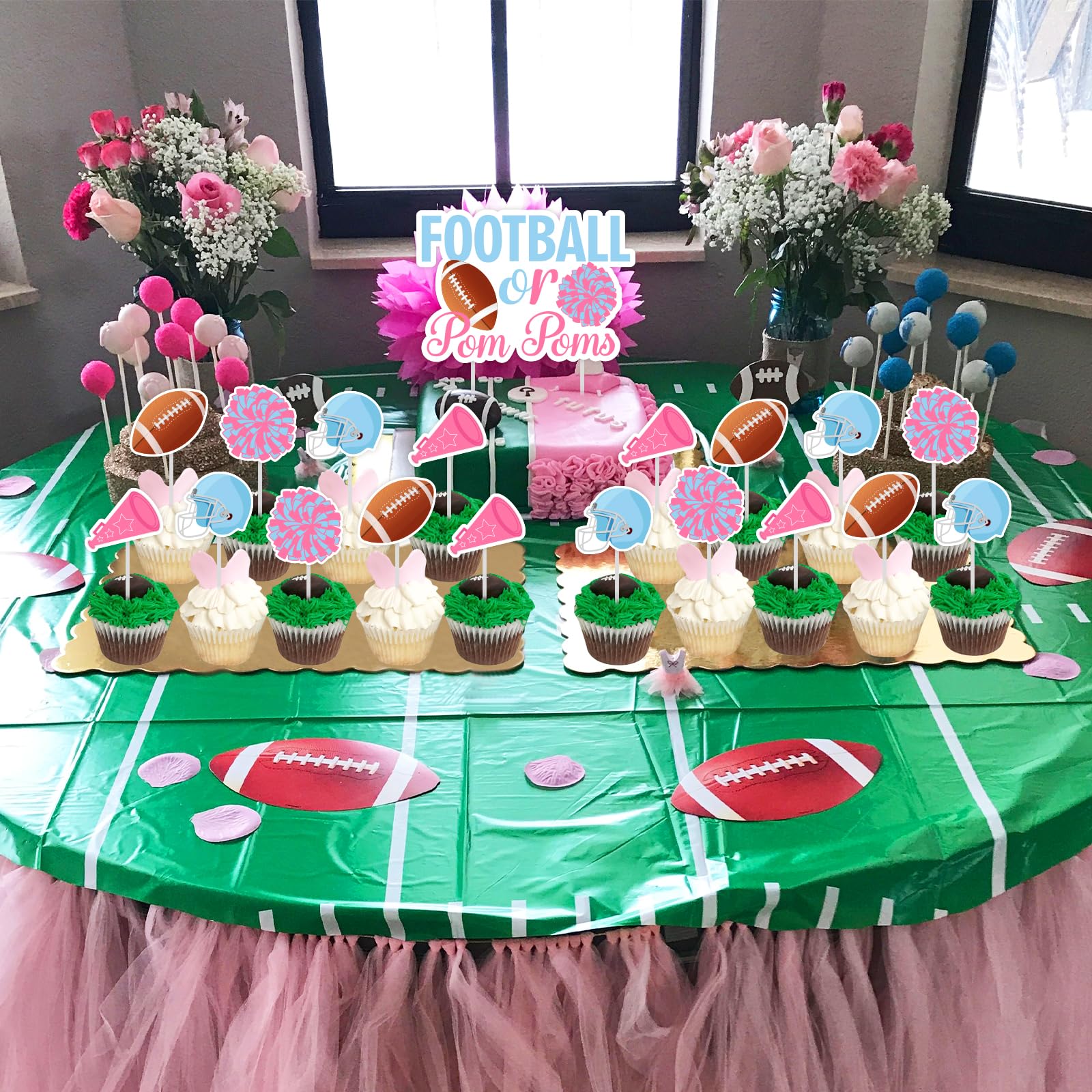 Sursurprise Football Gender Reveal Decorations, 25PCS Football or Pom Poms Cake Topper Cupcake Toppers, Gender Reveal Party Supplies for Boy or Girl