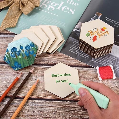 Miniatura 3 de 100 piezas de madera hexagonal sin terminar, recortes de madera en blanco con forma de hexágono, losas de madera natural, recortes para