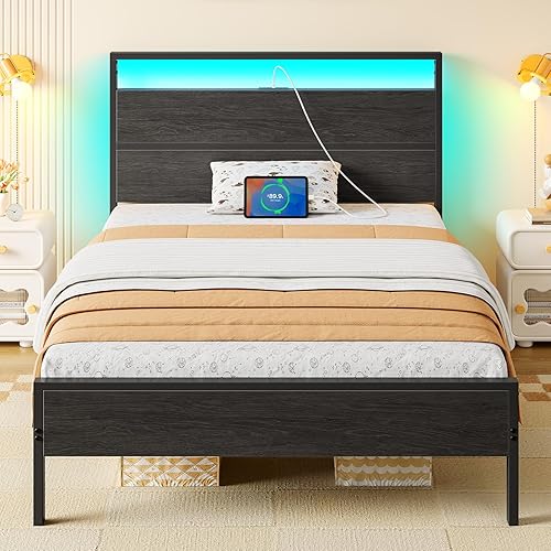 Rolanstar Twin Bed Frames with Headboard, Twin Bed with LED Lights, Camas Twin Size Bed with Charging Station, Solid Metal Slats, Noise Free, No Box Spring Needed, Black