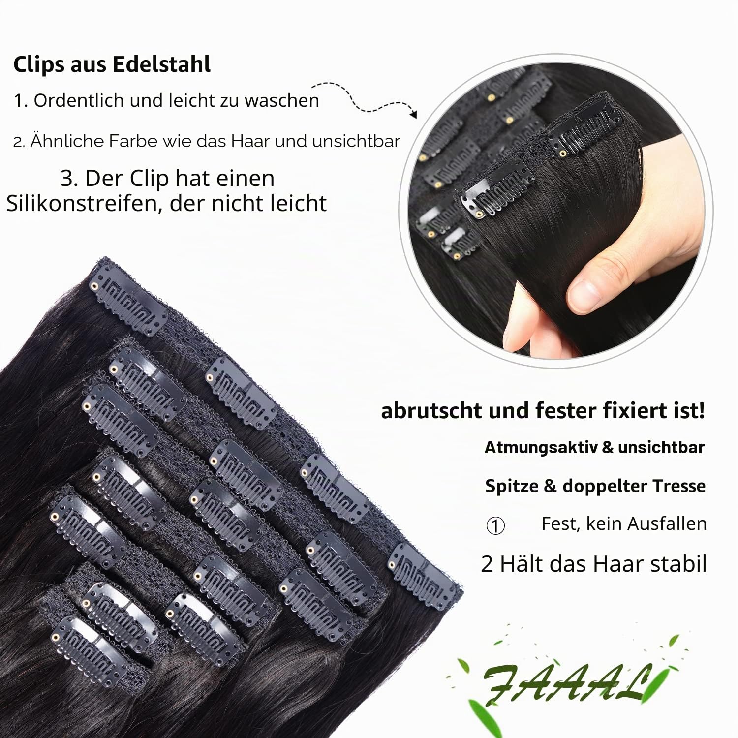 Clip-in-Echthaar-Haarverlängerung, voller Kopf, 10 Stück, 22 Clips, 200 g, Nr. 1 Jet Black (Tiefschwarz), doppelt genähte Tressen, brasilianisches Remy-Echthaar, dick, glatt, seidig, 56 cm