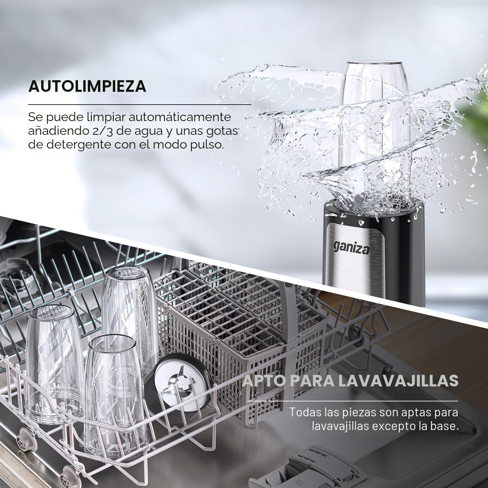 Ganiza Batidora de Vaso，Potencia 900 W Batidora de pie con 3 vasos portátiles (2 x 500 ml y 1 x 700 ml), Minibatidora con 4 Cuchillas de Acero inoxidable,Licuadora eléctrica para batidos y smoothies