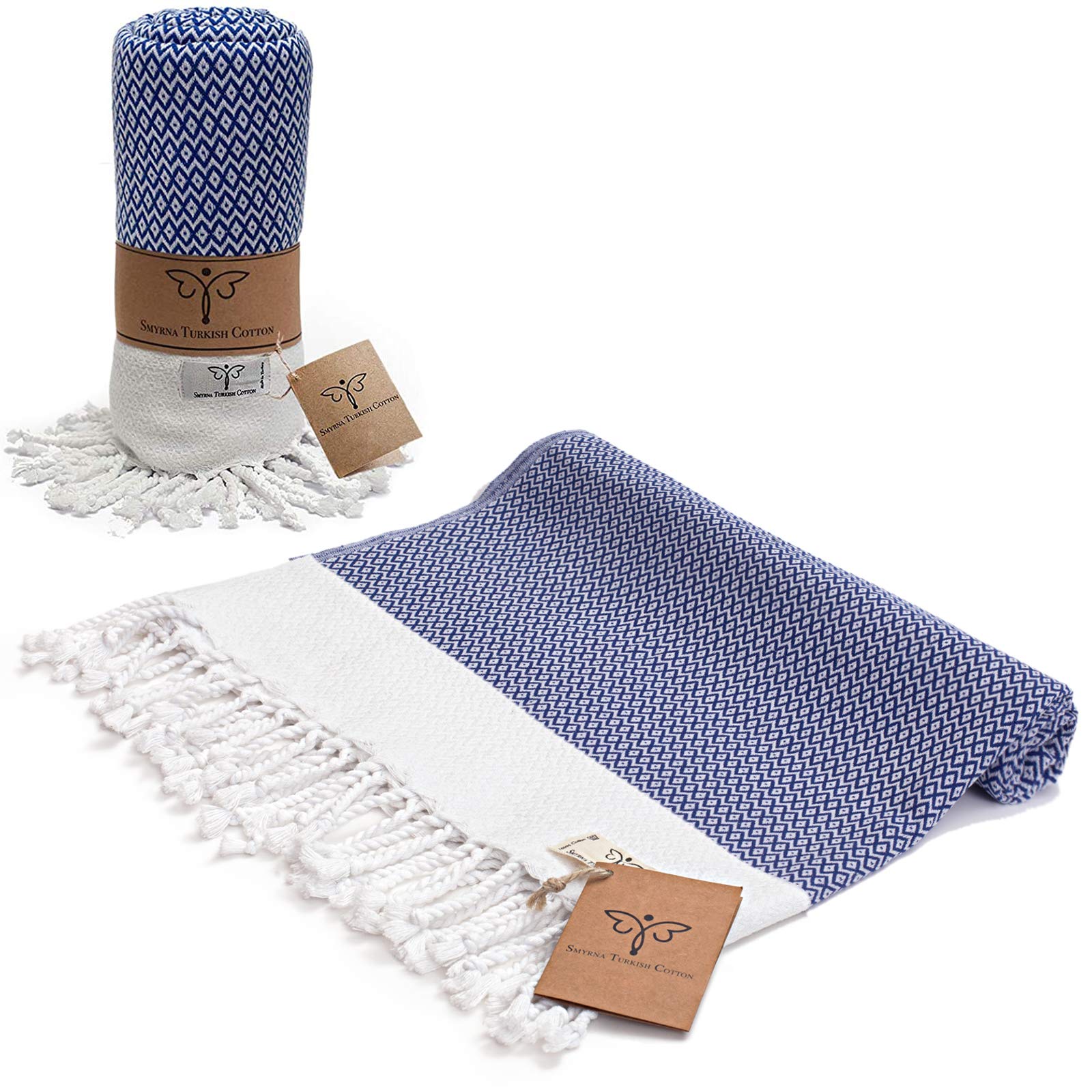 SMYRNA TURKISH COTTON Original Turkish Beach Towel | Prewashed, 37 x 71 Inches | Peshtemal and Turkish Bath Towel for SPA, Beach, Pool, Gym and Bathroom, Azure