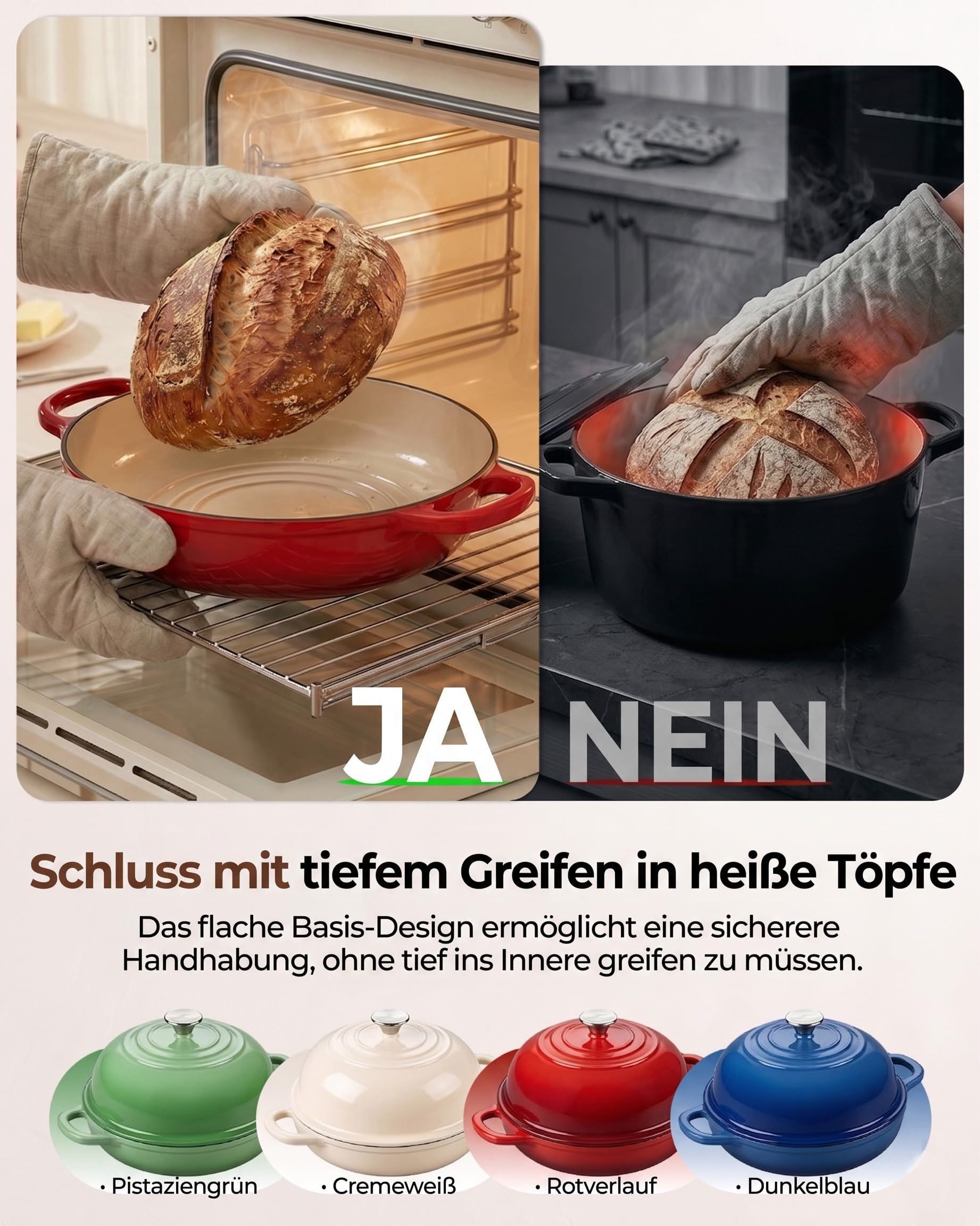 Gusseisen Topf Brot Backen, 4,7L Bräter Emaille Schmortopf mit Deckel und Griffen, 24 cm Dutch Oven, Brotbacktopf für Selbstgemachte, Geshenke für Sauerteigbäcker, Rot