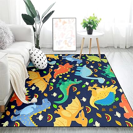 Cartoon Dinosaurs Area Rugs for Kids Navy Blue Lovely Animal Patterns Carpet Dinosaur Carpet for Boys Room Living Dinning Room Bedroom Kitchen Playing, 5'×7'