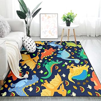Cartoon Dinosaurs Area Rugs for Kids Navy Blue Lovely Animal Patterns Carpet Dinosaur Carpet for Boys Room Living Dinning Room Bedroom Kitchen Playing, 5'×7'