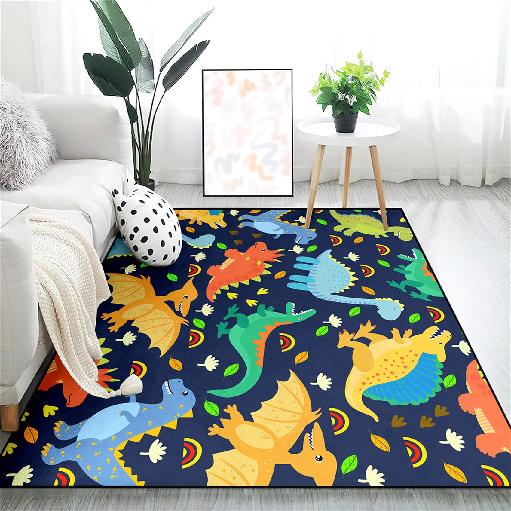 Cartoon Dinosaurs Area Rugs for Kids Navy Blue Lovely Animal Patterns Carpet Dinosaur Rugs for Boys Bedroom Living Dinning Room Bedroom Kitchen