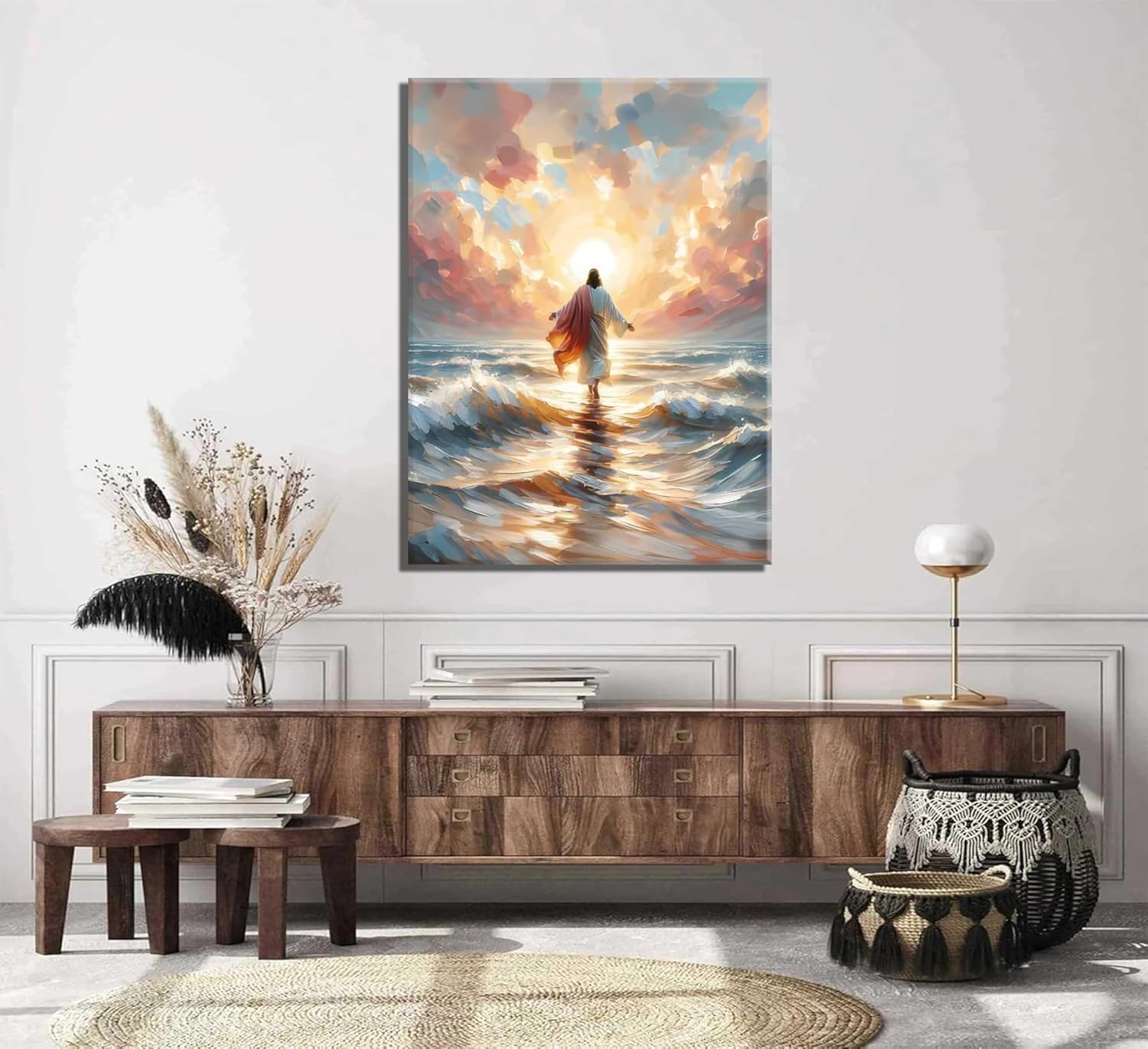 jesus walking on water canvas wall art christian god wall decor sacred god walking on ocean beach painting pictures religious posters prints for living room bedroom church home decorations framed jesus canvas 24"lx16"w