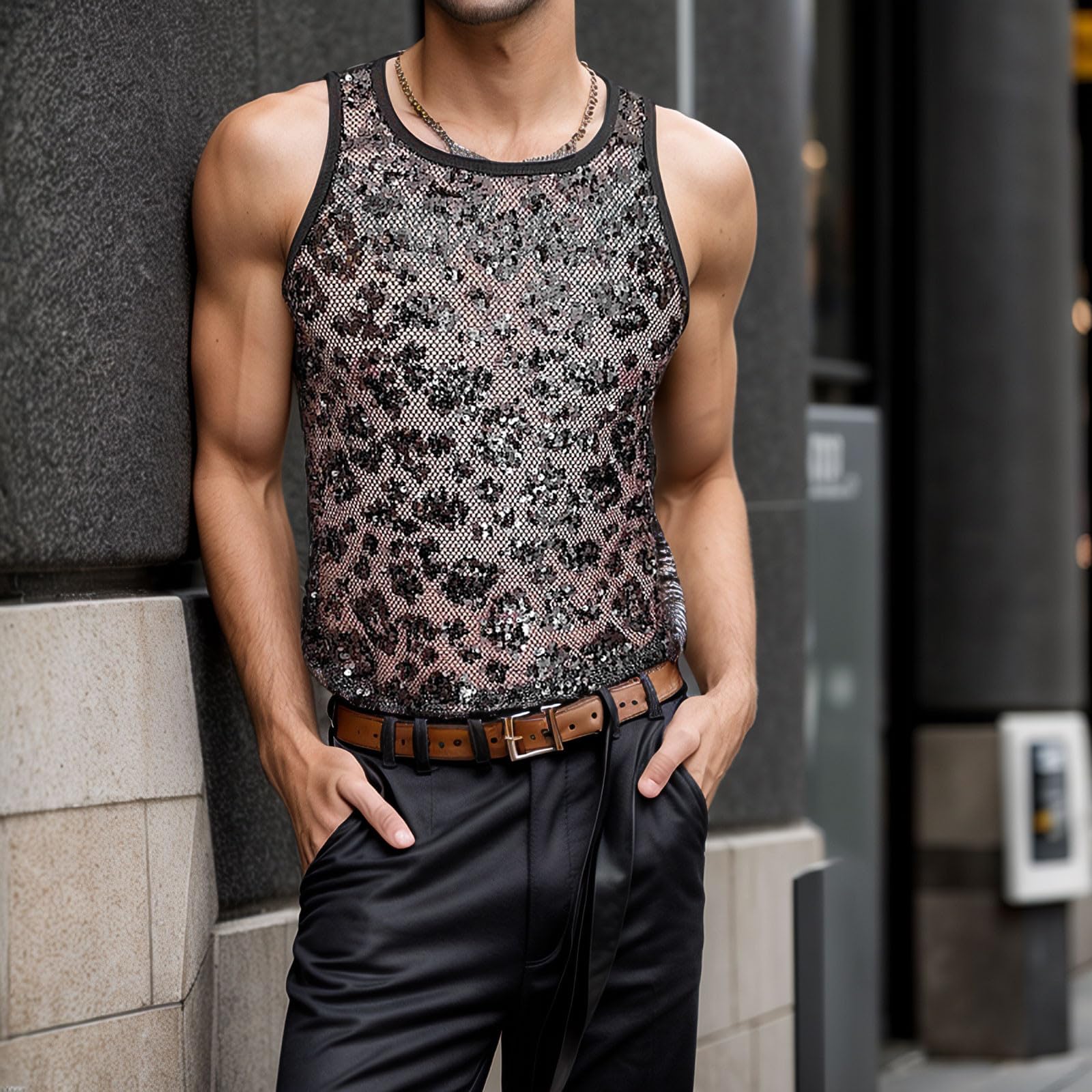 Canottiera Uomo Palestra Cotone Sportiva Body Sculpting Tank Top Men Canotta Traspirante Elasticizzato Asciugatura Gilet da con Paillettes Elastico Attillato per Abbigliamento Palcoscenico Maschile